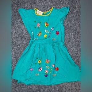 Girls Mexican Embroidered Dress Teal Butterfly Floral Snail Folk Art Cotton Boho